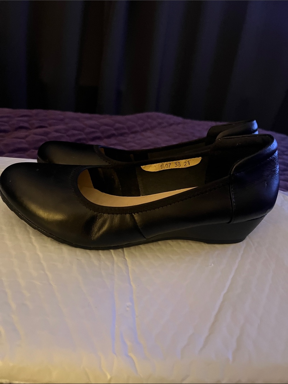 Women's Black Leather Wedge Pumps - Comfort Slip-On